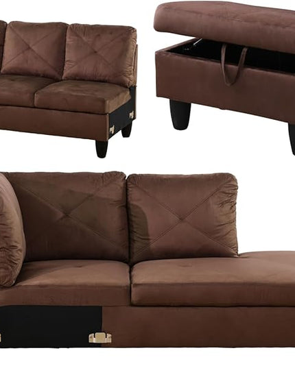 L Shaped Sofa with Ottoman Modern Sectional Living Room, Bedroom, Office, L Couch Brown - LeafyLoom