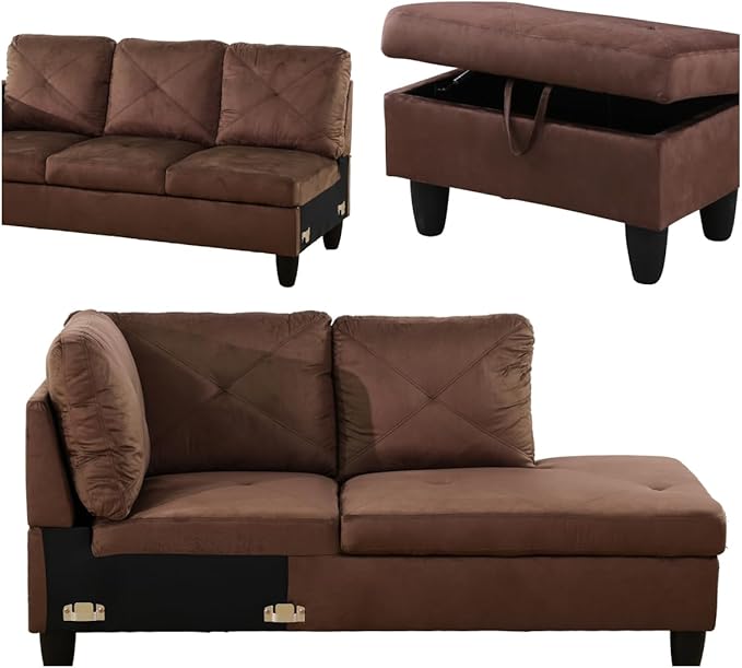 L Shaped Sofa with Ottoman Modern Sectional Living Room, Bedroom, Office, L Couch Brown - LeafyLoom
