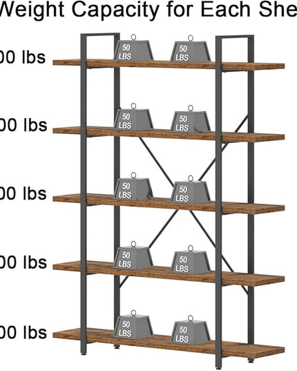 HSH Rustic Bookcases and Book Shelves 5 Shelf, Metal Wood 5 Tier Bookshelf and Storage Book Rack, Vintage Large Book Shelf for Bedroom Living Room Office,Open Vertical Display Etagere Book Case, Brown - LeafyLoom