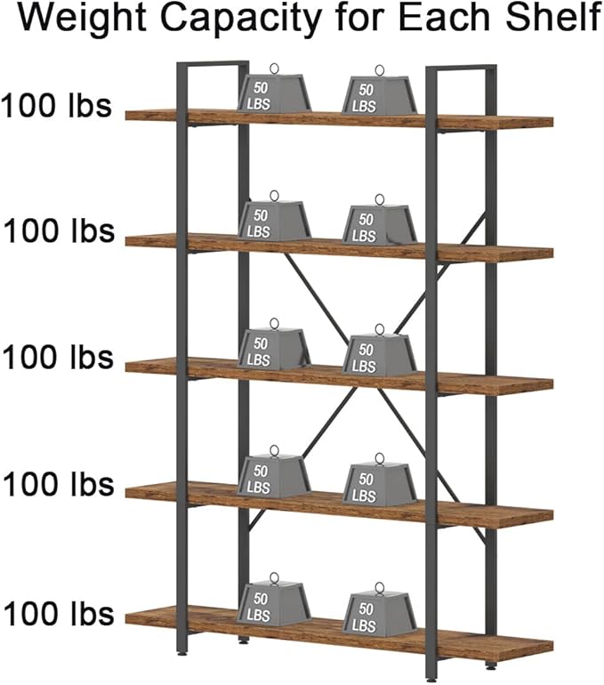 HSH Rustic Bookcases and Book Shelves 5 Shelf, Metal Wood 5 Tier Bookshelf and Storage Book Rack, Vintage Large Book Shelf for Bedroom Living Room Office,Open Vertical Display Etagere Book Case, Brown - LeafyLoom