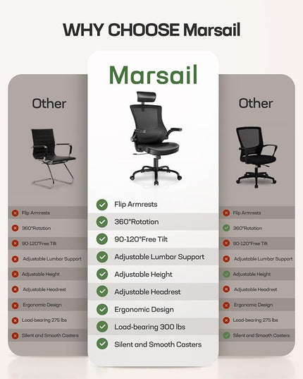 Marsail Office Chair Ergonomic Desk-Chair: Mesh Back Computer Chair with PU Leather Seat,Adjustable Lumbar Support&Flip-up Armrests, Adjustable Height Home Office Desk Chairs - LeafyLoom
