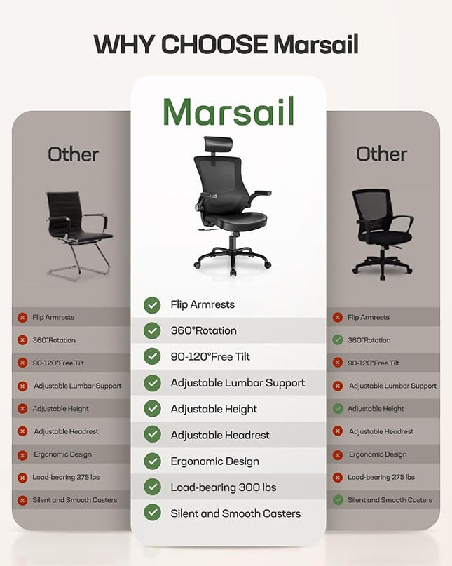 Marsail Office Chair Ergonomic Desk-Chair: Mesh Back Computer Chair with PU Leather Seat,Adjustable Lumbar Support&Flip-up Armrests, Adjustable Height Home Office Desk Chairs - LeafyLoom