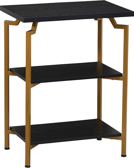 Household Essentials Crown Narrow 3 Shelf Open Storage Bookshelf Black Oak Wood Grain and Gold Metal - LeafyLoom