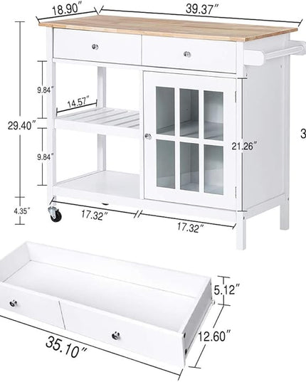 ChooChoo Rolling Kitchen Island, Portable Kitchen Cart Wood Top Kitchen Trolley with Drawers and Glass Door Cabinet, Wine Shelf, Towel Rack, White - LeafyLoom