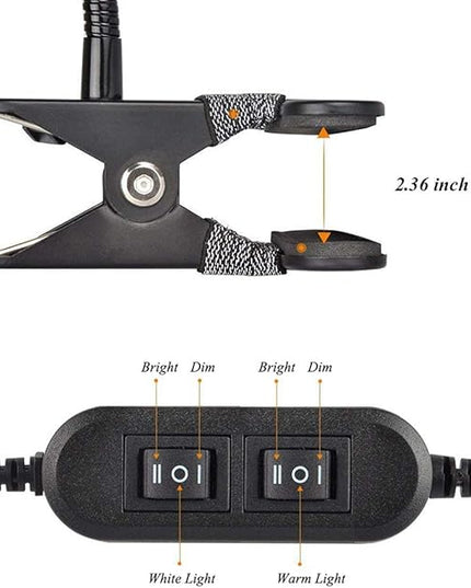 7W Clip on Light, LED Clip On Lamp, USB Reading Book Light, Bed Lamp,Desk lamp, Warm Light and White Light - LeafyLoom