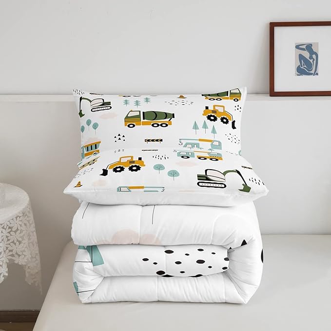 Feelyou Excavator Kids Comforter Construction Trucks Comforter Set for Boys Teens Heavy Vehicles Decor Bedding Set Cartoon Cars Green Orange Quilt Set with 1 Pillowcase 2Pcs Bedding Twin - LeafyLoom