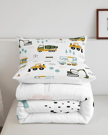 Excavator Kids Comforter Construction Trucks Comforter Set for Boys Teens Heavy Vehicles Decor Bedding Set Cartoon Cars Green Orange Quilt Set with 2 Pillowcases 3Pcs Bedding Full - LeafyLoom