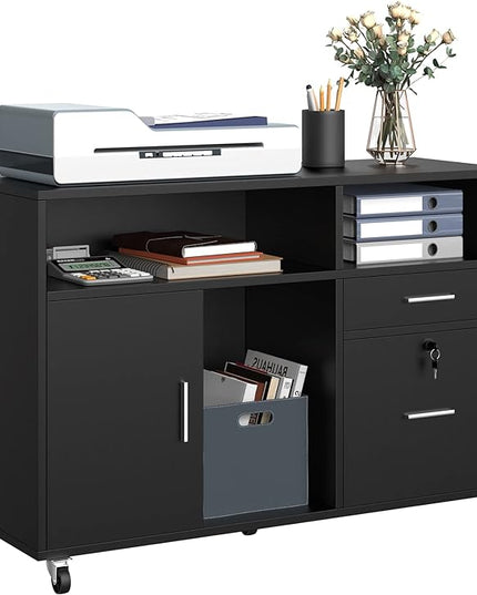 YITAHOME Wood Lateral File Cabinet, 2 Drawer Mobile Storage Cabinet, Fits A4, Letter Size Files, Printer Stand with Open Storage Shelves, Modern Filing Cabinet for Home Office, Black - LeafyLoom