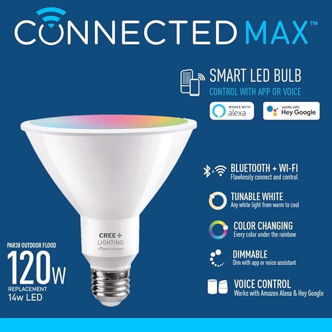 Cree Lighting Connected Max Smart Led Bulb Par38 Outdoor Flood Tunable White + Color Changing, 2.4 Ghz, Works with Alexa and Google Home, No Hub Required, Bluetooth + WiFi, 1Pk CreeLighting