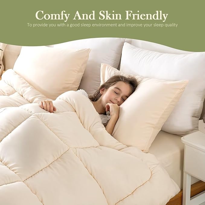 WhatsBedding Twin Comforter Set, Beige Lightweight Bedding Set for All Season Soft Down Alternative Bed Set with 1 Pillowcase, Twin Size, 64"x88" - LeafyLoom