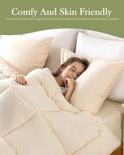 WhatsBedding Queen Comforter Set, Beige Lightweight 3 Pieces Bedding Set for All Season Soft Down Alternative Bed Set with 2 Pillowcases, Queen Size, 88"x90" - LeafyLoom