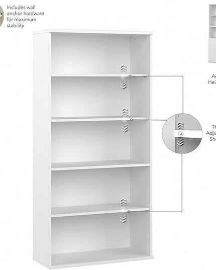 Bush Business Furniture Studio C Tall 5 Shelf Bookcase in White, Large Bookshelf for Home or Professional Office - LeafyLoom