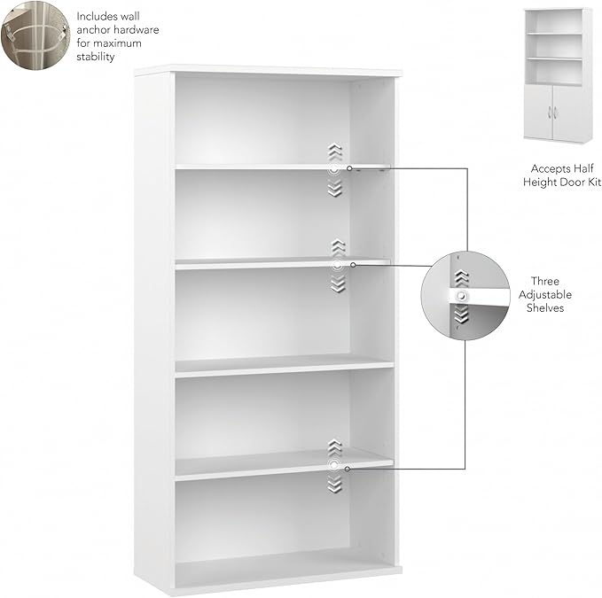 Bush Business Furniture Studio C Tall 5 Shelf Bookcase in White, Large Bookshelf for Home or Professional Office - LeafyLoom