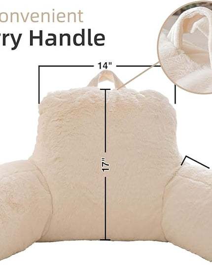 A Nice Night Faux Fur Reading Pillow Bed Wedge Large Adult Children Backrest with Arms Back Support for Sitting Up in Bed/Couch for Bedrest,Ivory - LeafyLoom