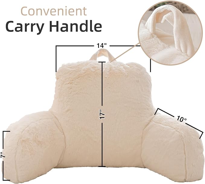A Nice Night Faux Fur Reading Pillow Bed Wedge Large Adult Children Backrest with Arms Back Support for Sitting Up in Bed/Couch for Bedrest,Ivory - LeafyLoom