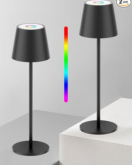 Aipsun Cordless Table Lamp RGB 2 Pack 5000mAh 3W Battery Operated Lamp Portable LED Black Rechargeable Table Lamp 3000K Stepless Dimming Touch Lamp for Home/Outdoor Waterproof - LeafyLoom
