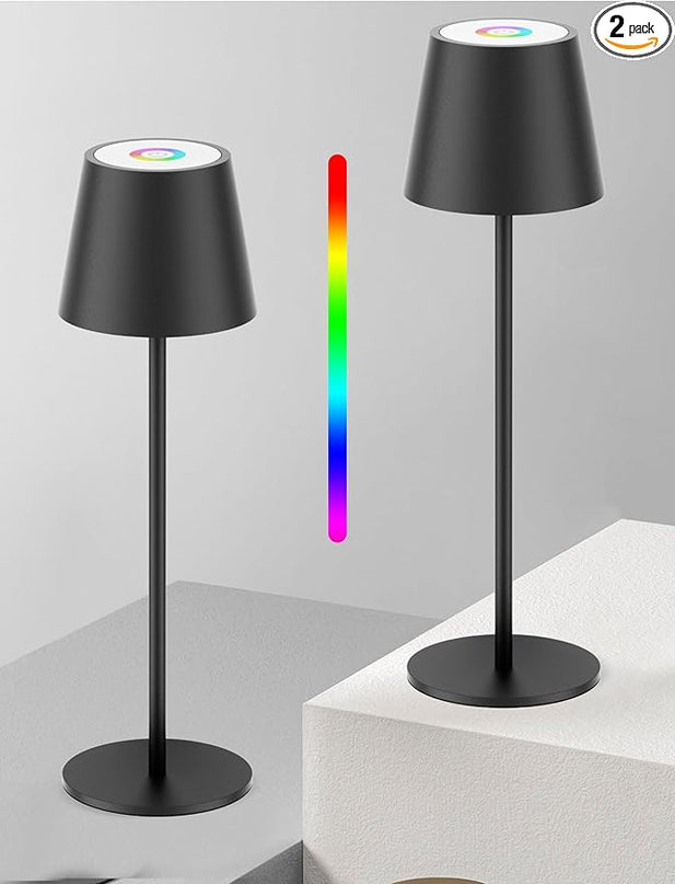 Aipsun Cordless Table Lamp RGB 2 Pack 5000mAh 3W Battery Operated Lamp Portable LED Black Rechargeable Table Lamp 3000K Stepless Dimming Touch Lamp for Home/Outdoor Waterproof - LeafyLoom