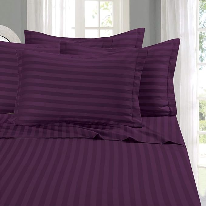 Elegant Comfort Best, Softest, Coziest 6-Piece Sheet Sets! - 1500 Premier Hotel Quality Luxurious Wrinkle Resistant 6-Piece DAMASK STRIPE Bed Sheet Set, King Eggplant/Purple - LeafyLoom