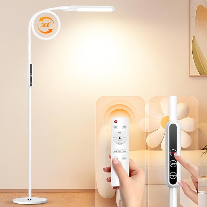 Syrinx Floor Lamp, Floor LED Lamp/LED Light Lamp/Remote Control & Touch/Adjustable Flexible Gooseneck (White) - LeafyLoom