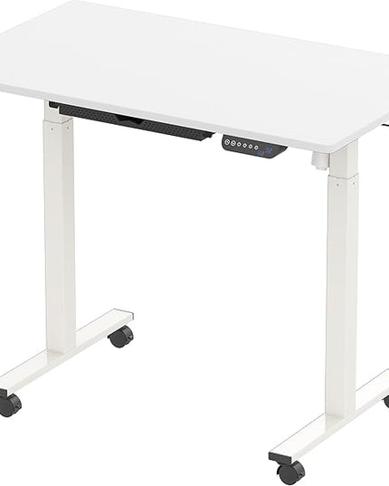 SHW Small Electric Height Adjustable Mobile Sit Stand Desk with Drawer, Hanging Hooks and Cable Management, 40 x 24 Inches, White - LeafyLoom