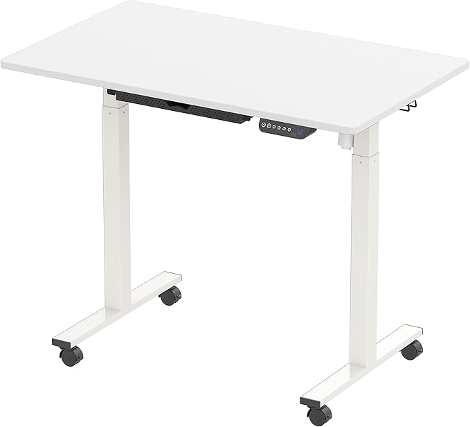 SHW Small Electric Height Adjustable Mobile Sit Stand Desk with Drawer, Hanging Hooks and Cable Management, 40 x 24 Inches, White - LeafyLoom