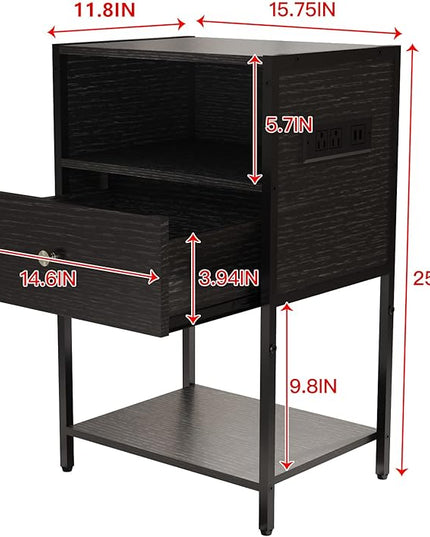 LDTTCUK Nightstand with Charging Station, Modern End Table with Drawer, Bedside Table with Open Storage for Bedroom,Black - LeafyLoom