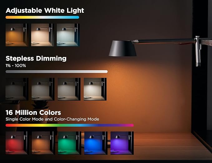 BLACK+DECKER Verve Designer LED Clamp Light, Fits Shelves, Cubicles & Headboards, True White LED + 16M RGB Colors - LeafyLoom