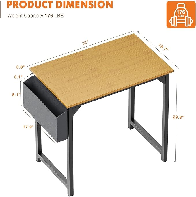Sweetcrispy Small Computer Office Desk 32 Inch Kids Student Study Writing Work with Storage Bag & Headphone Hooks Modern Simple Home Bedroom PC Table - LeafyLoom
