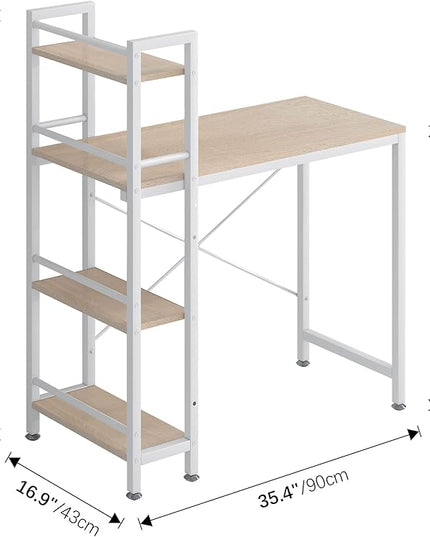 4NM 35" Small Computer Desk with 4-Tier Bookshelf, Home Office Desk Writing Workstation Study Table Multipurpose for Small Space Work - Natural and White - LeafyLoom