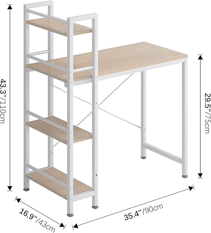 4NM 35" Small Computer Desk with 4-Tier Bookshelf, Home Office Desk Writing Workstation Study Table Multipurpose for Small Space Work - Natural and White - LeafyLoom