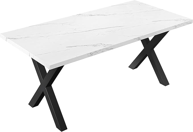 NicBex Dining Table Contemporary Kitchen Table Farmhouse Rustic 70.87" Square Dining Table with Printed White Marble Table Top+Black X-Shape Table Leg Rectangular Dining Table, White - LeafyLoom