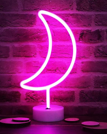 LED Neon Moon Lights, Moon Shape Neon Signs Crescent Night Lights Battery Operated Desk Table Lamp for Bedroom, Bar, Wall Decor-Moon with Holder Base(Pink) - LeafyLoom