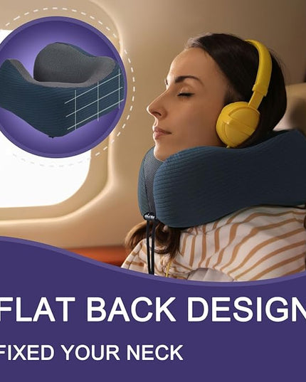 napfun Neck Pillow for Traveling, Upgraded Travel Neck Pillow for Airplane 100% Pure Memory Foam Travel Pillow for Flight Headrest Sleep, Portable Plane Accessories, Deep Blue Set, Medium (120-200LB) - LeafyLoom