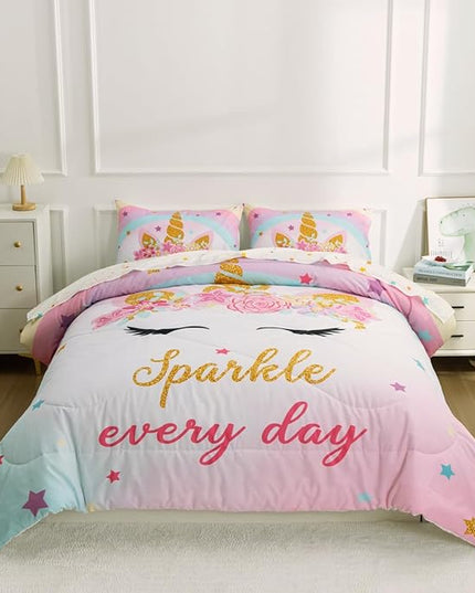 NTBED Unicorn Twin Comforter Set with Sheets,5 Pieces Kids Bedding Sets for Girls, Lightweight Microfiber Star Rainbow Bed in a Bag - LeafyLoom