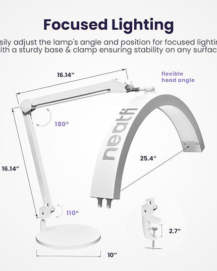 Neatfi Half Moon Swing Arm Table Lamp, 2500 Lumens, CCT Dimming, 5 Light Modes, Professional LED Lighting for Estheticians, Ideal for Nail Art, Facials, and Tattoos (with Base and Clamp, White) - LeafyLoom