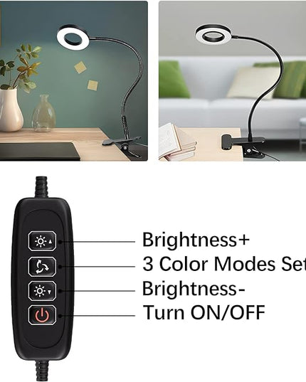 Juhefa Clip on Light, USB Powered LED Desk Lamp with Gooseneck for Reading in Bed, Headboard, Office, Makeup, 10-Level Dimmable, 3 Colors Changable (with Adapter) - LeafyLoom