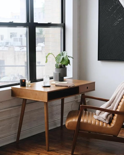 Nathan James Parker Modern Home Office Writing, Computer or Laptop Desk with Open Storage Cubby and Small Drawer, Walnut - LeafyLoom