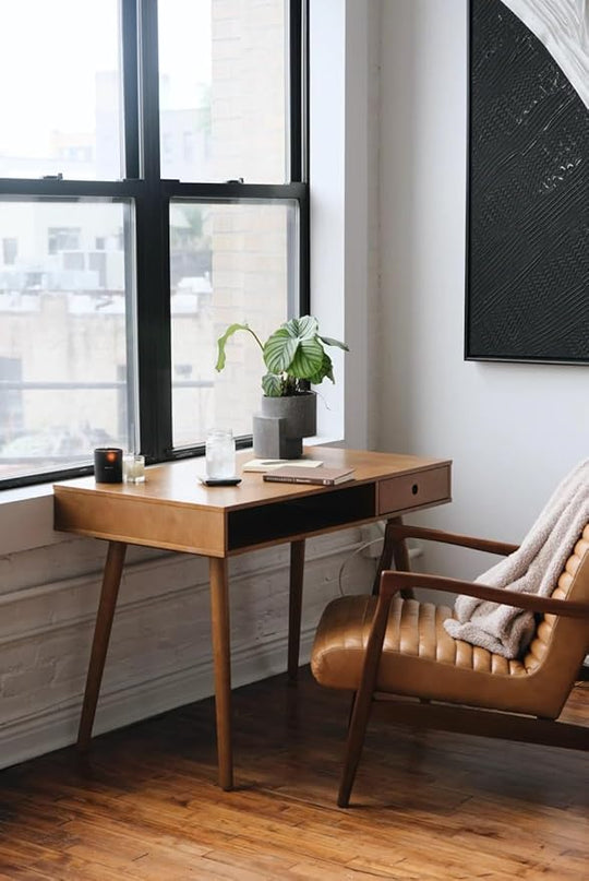 Nathan James Parker Modern Home Office Writing, Computer or Laptop Desk with Open Storage Cubby and Small Drawer, Walnut - LeafyLoom