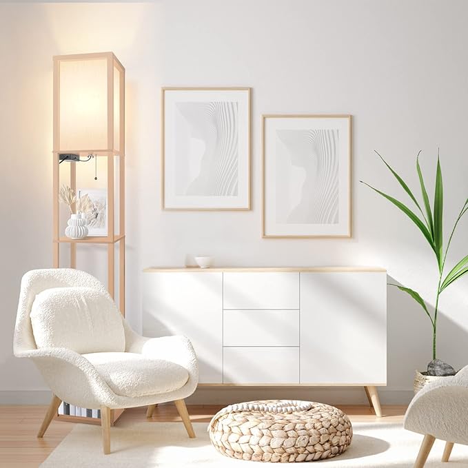 OUTON Floor Lamp with Shelves, LED Shelf Floor Lamp with 1 USB & 1 Type C Ports, 1 AC Outlet, 3 Color Temperature, Storage Display Wood Column Tall Standing Lamp for Living Room, Bedroom Office, Wood - LeafyLoom