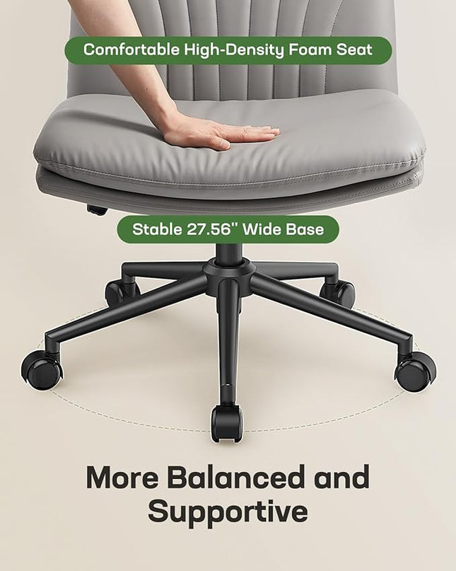 Marsail Armless-Office Desk Chair with Wheels: PU Leather Cross Legged Wide Chair,Comfortable Adjustable Swivel Computer Task Chairs for Home,Office,Make Up,Small Space,Bed Room, Grey - LeafyLoom