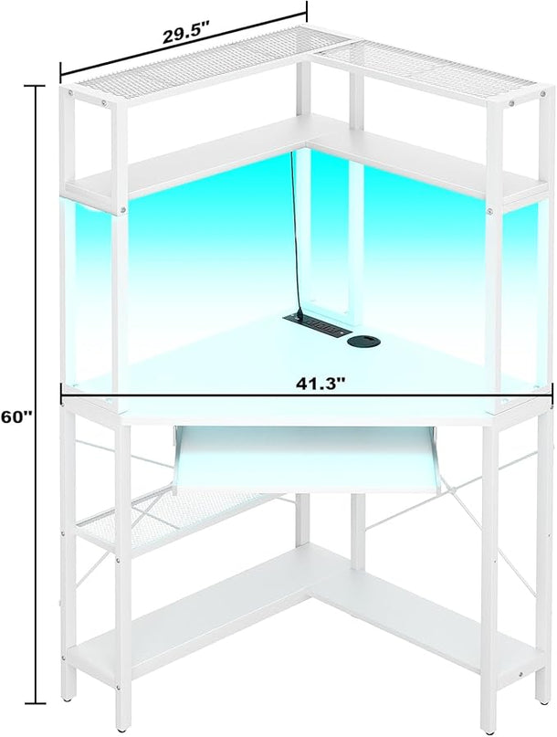 Cyclysio Small Corner Desk with Hutch, Corner Gaming Desk with LED Light & Power Outlets, Computer Desk with Keyboard Tray, Triangel Desk for Small Space, Home Office, Workstation, White - LeafyLoom