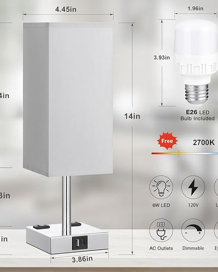 【Upgraded】Bedside Table Lamp Touch Control, with USB C+A Charging Ports & Dual AC Outlets, 3-Way Nightstand Lamp for Bedroom with LampShade Living Room Office(LED Dimmable Bulb Included) - LeafyLoom