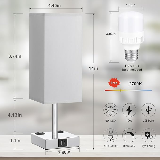 【Upgraded】Bedside Table Lamp Touch Control, with USB C+A Charging Ports & Dual AC Outlets, 3-Way Nightstand Lamp for Bedroom with LampShade Living Room Office(LED Dimmable Bulb Included) - LeafyLoom