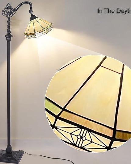 Capulina Tiffany Floor Lamp Antique Cream Style Stained Glass Soft Light Arched Gooseneck Adjustable Angle Reading Standing Lamp for Living Room Bedroom Home Office - LeafyLoom