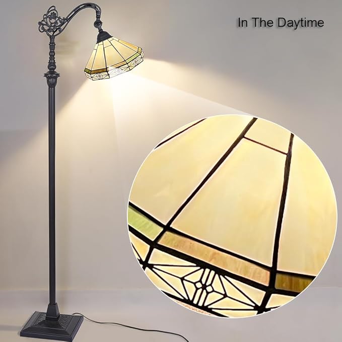 Capulina Tiffany Floor Lamp Antique Cream Style Stained Glass Soft Light Arched Gooseneck Adjustable Angle Reading Standing Lamp for Living Room Bedroom Home Office - LeafyLoom