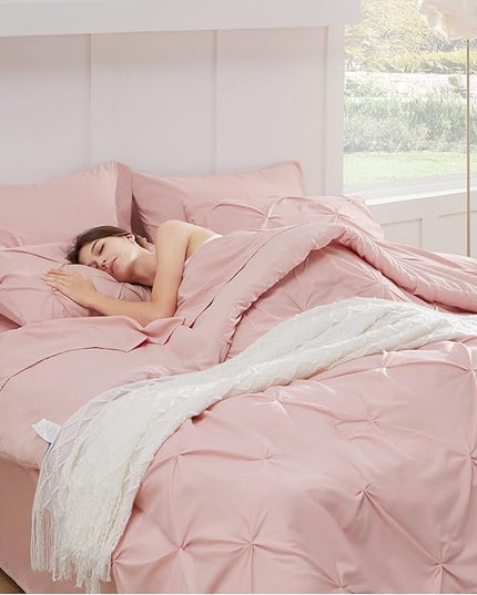 Bedsure California King Comforter Set - Cal King Bed Set 7 Pieces, Pinch Pleat Pink Cali King Bedding Set with Comforter, Sheets, Pillowcases & Shams - LeafyLoom