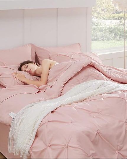 Bedsure California King Comforter Set - Cal King Bed Set 7 Pieces, Pinch Pleat Pink Cali King Bedding Set with Comforter, Sheets, Pillowcases & Shams - LeafyLoom