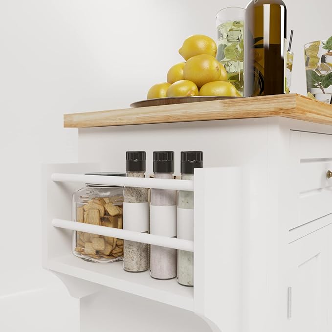 soges Rolling Kitchen Island Cart with Storage, Wood Trolley Cart with Spice and Towel Rack, Mobile Kitchen Storage Cabinet Island Table on Wheels, Serving Cart with Cabinet and Drawers,FZSR-HT01WT - LeafyLoom