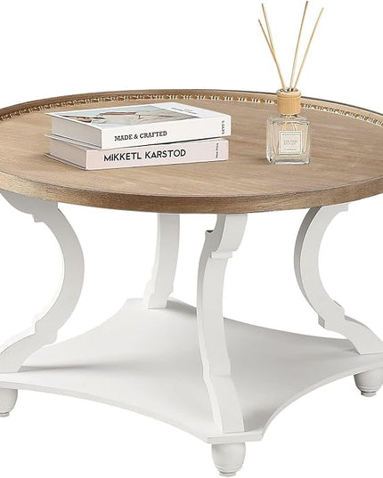 Wnutrees Farmhouse Round Coffee Table,Wood Tray Top Circle Coffee Table with Storage Shelf Rustic Style for Living Room and Vintage Finish,White - LeafyLoom