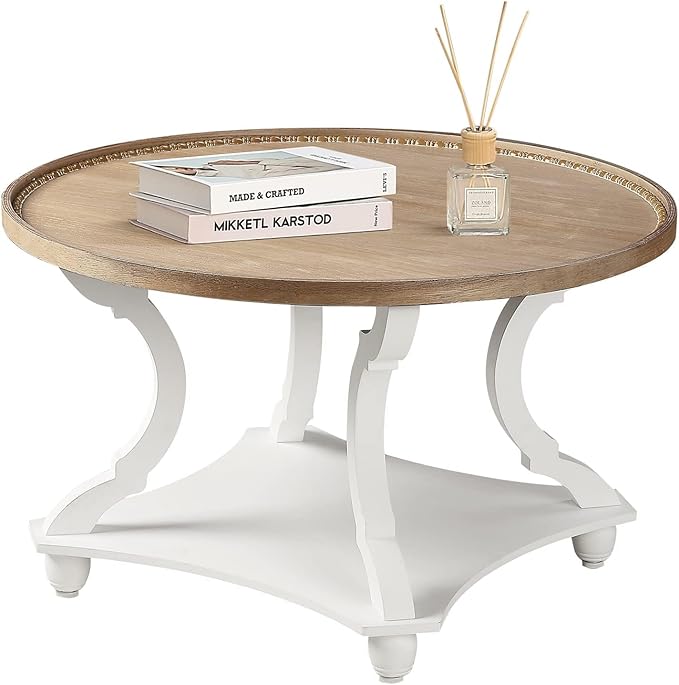 Wnutrees Farmhouse Round Coffee Table,Wood Tray Top Circle Coffee Table with Storage Shelf Rustic Style for Living Room and Vintage Finish,White - LeafyLoom